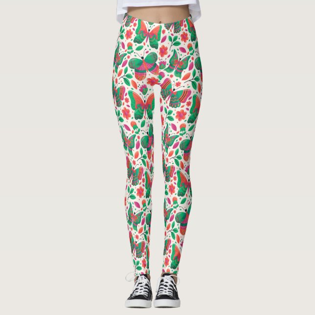 Schmetterlinge, Blume und Blätter Leggings (Vorderseite)