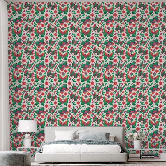 Schmetterlinge, Blume und Blätter Tapete (Schlafzimmer)