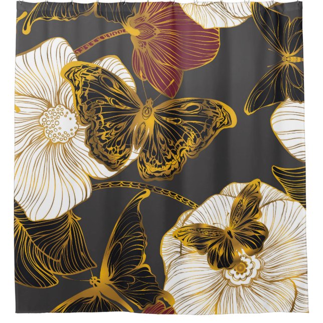 Schmetterlinge & Blumen: Frühling Boho Muster Duschvorhang (Vorderseite)