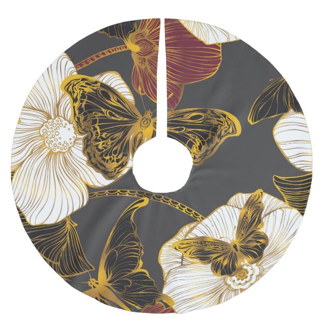 Schmetterlinge & Blumen: Frühling Boho Muster Polyester Weihnachtsbaumdecke (Vorderseite)