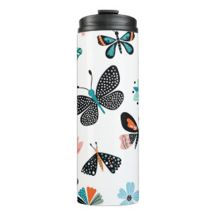 Schmetterlinge Blumen: Handgezeichnete Sammlung Thermosbecher