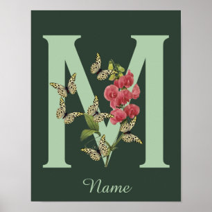 Schmetterlinge Blumen Monogramm Anfangsbuchstabe M Poster