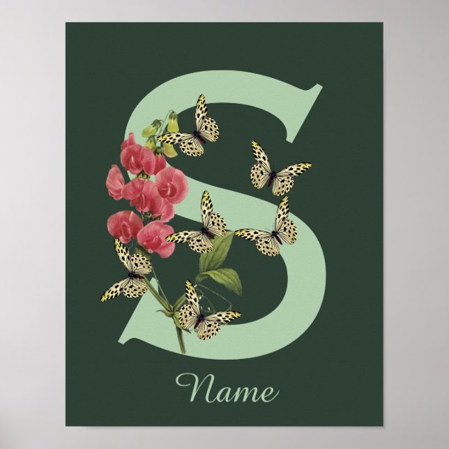 Schmetterlinge Blumen Monogramm Anfangsbuchstabe S Poster (Vorne)
