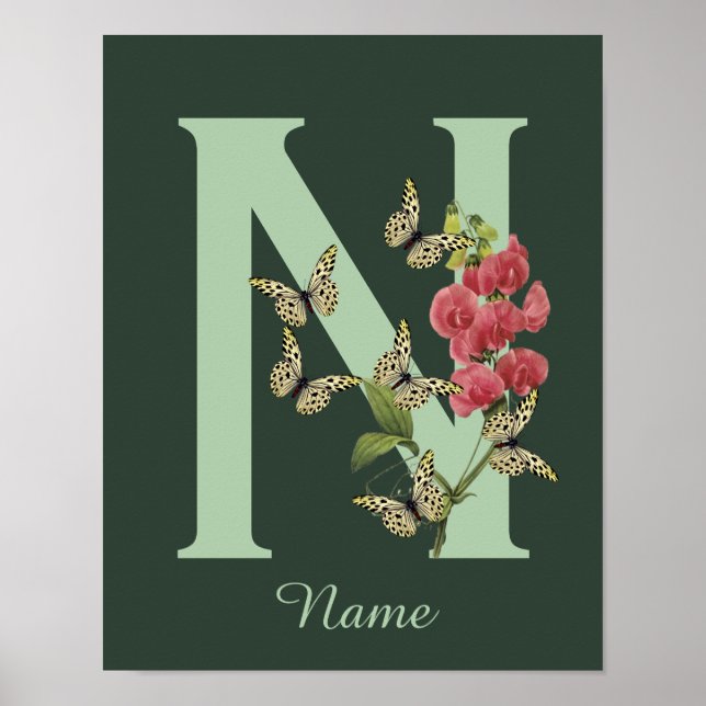 Schmetterlinge Blumen-Monogramm Initiale N Persona Poster (Vorne)