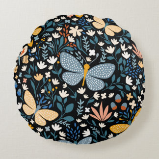 Schmetterlinge Blüte: Handgezeichnet Nahtlos. Rundes Kissen