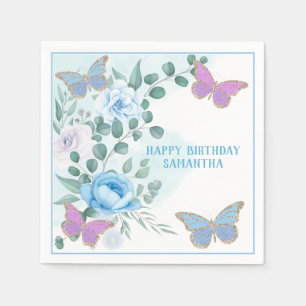 Schmetterlinge Blütenblau Lila Gold Geburtstag Serviette