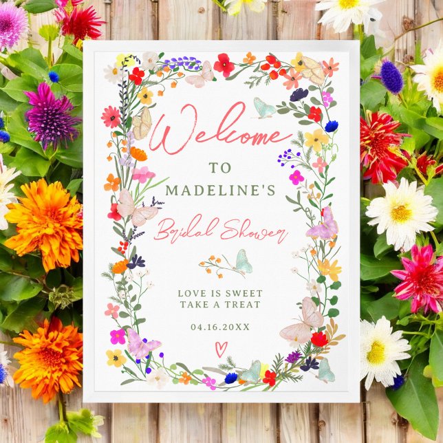Schmetterlinge boho helle Wildblumen Begrüßung Poster (Butterflies boho bright wildflowers bridal welcome poster)