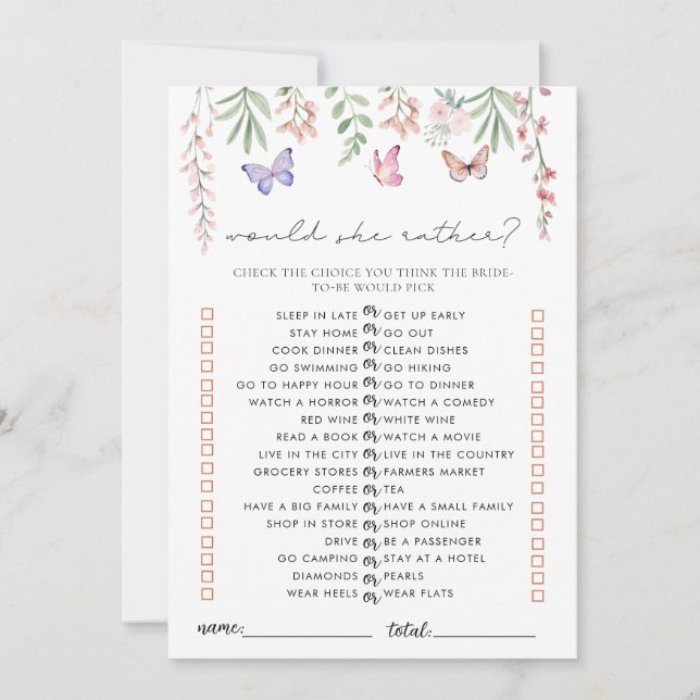 Schmetterlinge Brautparty-Spiel würde sie eher Einladung (Vorderseite)