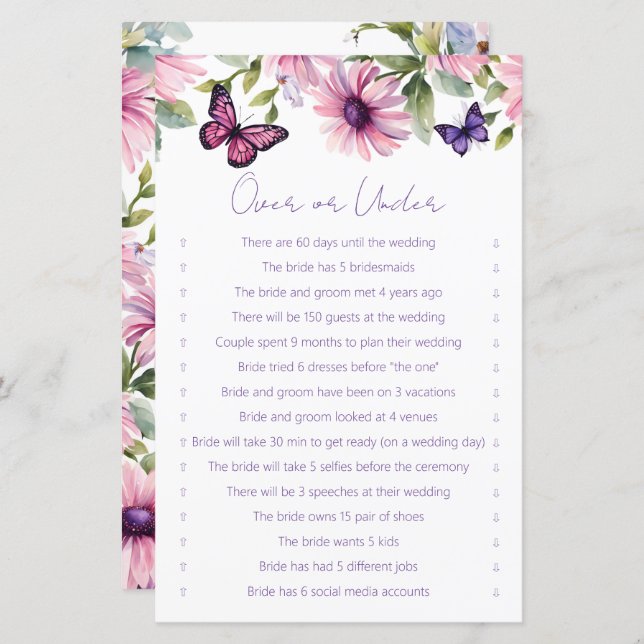 Schmetterlinge Brautparty über oder unter Spiel (Vorne/Hinten)