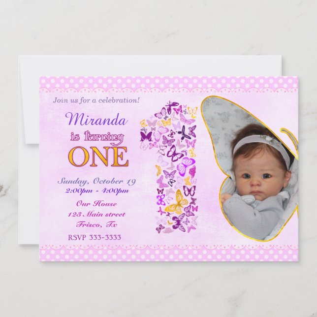 Schmetterlinge Einladung zum ersten Geburtstag (Vorderseite)