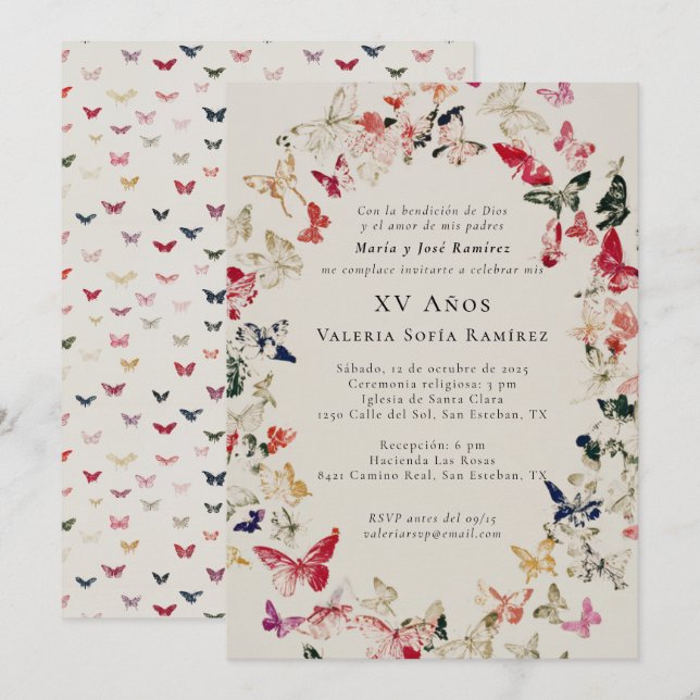 Schmetterlinge Elegant Quinceñera 15. Geburtstag Einladung (Vorne/Hinten)