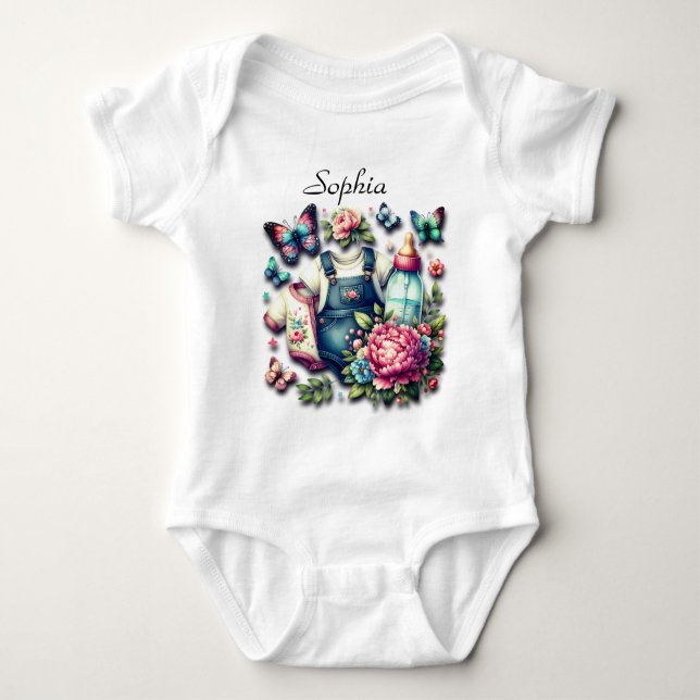 Schmetterlinge, Flaschenwasser und blauer Jeans Fr Baby Strampler (Vorderseite)