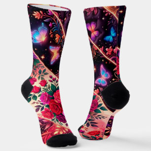 Schmetterlinge, florale Träume und goldene Eleganz Socken