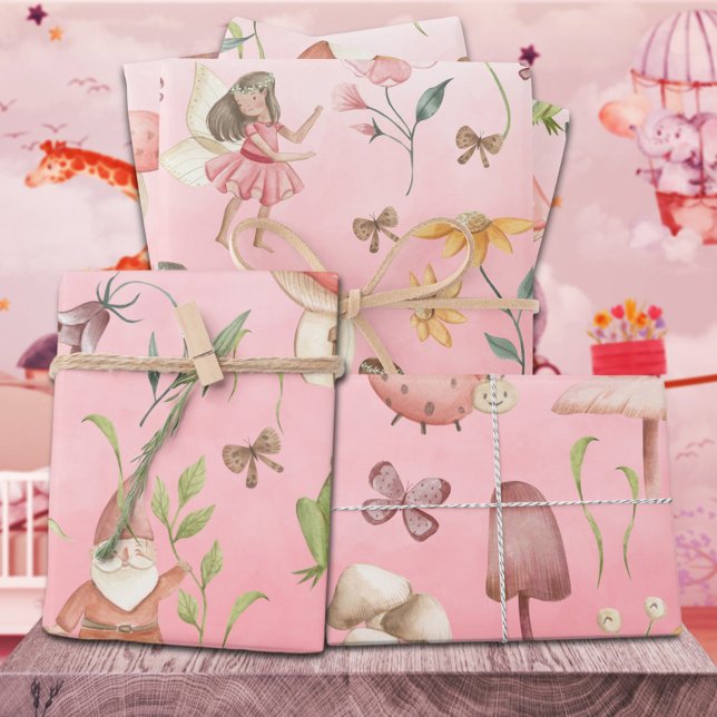 Schmetterlinge Gnome & Flügelfleischgarten Rosa Geschenkpapier Set (Butterflies Gnomes & Winged Fairies Garden Pink Kids Gift Wrapping Paper Sheets Trio)