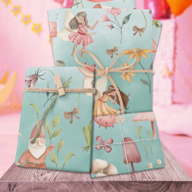 Schmetterlinge Gnome & Flügelgarten Grün Geschenkpapier Set (Butterflies Gnomes & Winged Fairies Garden Green Kids Gift Wrapping Paper Sheets Trio)
