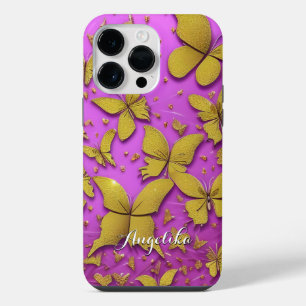 Schmetterlinge Gold Glitter Rosa Hintergrund iPhone 14 Pro Max Hülle