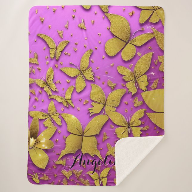 Schmetterlinge Gold Glitzer Rosa Hintergrund Sherpadecke (Vorderseite)