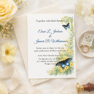 Schmetterlinge & Goldene Blüten Aquarell-Hochzeit Einladung