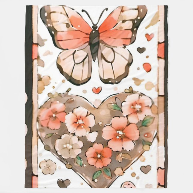Schmetterlinge, Herzen und Blume Fleecedecke (Vorderseite)