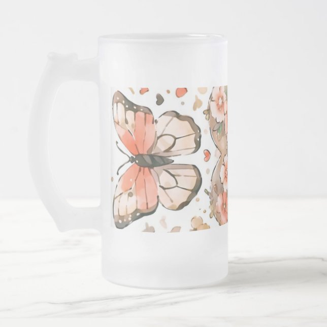 Schmetterlinge, Herzen und Blume Mattglas Bierglas (Links)