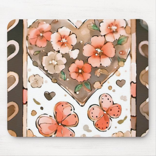 Schmetterlinge, Herzen und Blume Mousepad (Vorne)
