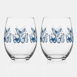 Schmetterlinge in Delft Blue, anpassbar Weinglas Ohne Stiel