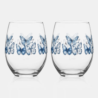 Schmetterlinge in Delfter Blau, anpassbar Weinglas Ohne Stiel