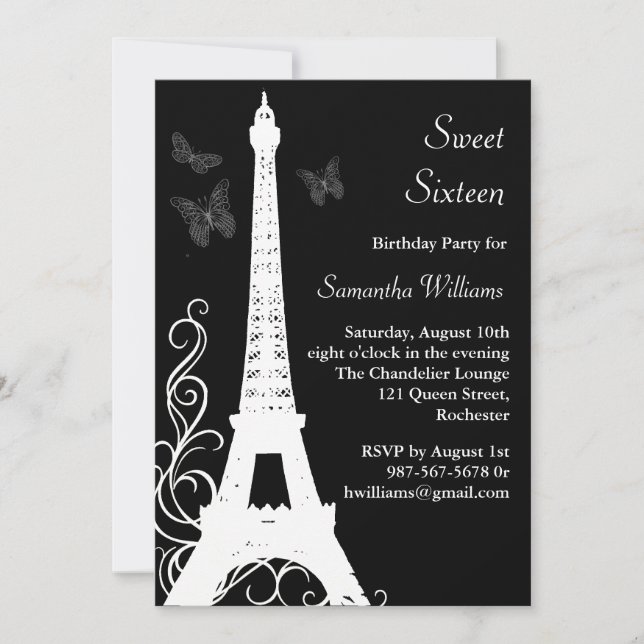 Schmetterlinge in Paris Birthday Invite Black Einladung (Vorderseite)