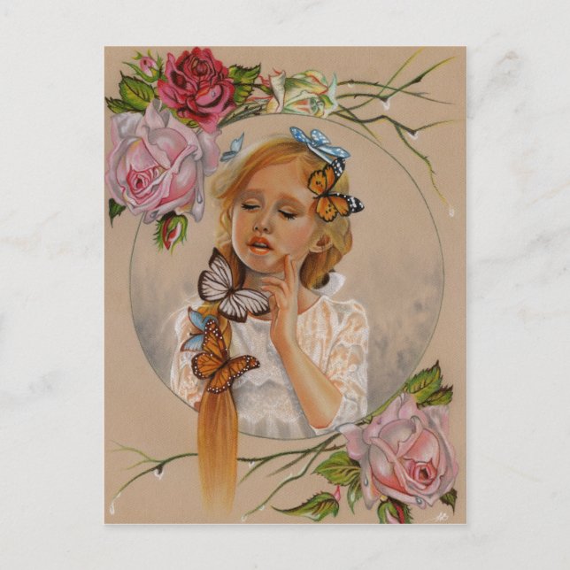 Schmetterlinge kleine Mädchen Rose Postkarte (Vorderseite)