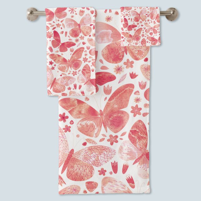 Schmetterlinge Korallenrosa Badhandtuch Set (Coral blush pink and white watercolor butterfly towel set)