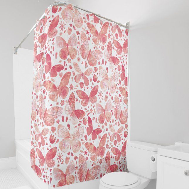 Schmetterlinge Korallenrosa Duschvorhang (Coral peach blush pink watercolor butterfly pattern shower curtain)
