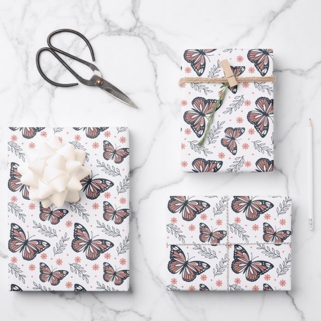 Schmetterlinge Korallenrosa Geschenkpapier Set (Vorderseite)
