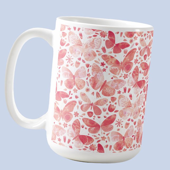 Schmetterlinge Korallenrosa Kaffeetasse (Coral peach pink watercolor butterfly pattern art mug)