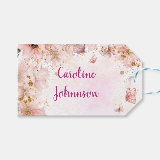 Schmetterlinge küssen und Geburtstagswünsche Geschenkanhänger (Vorderseite (Horizontal))