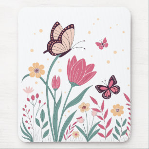 Schmetterlinge mit rosa Tulips und gelben Milben Mousepad
