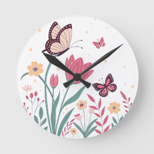 Schmetterlinge mit rosa Tulips und gelben Milben Runde Wanduhr