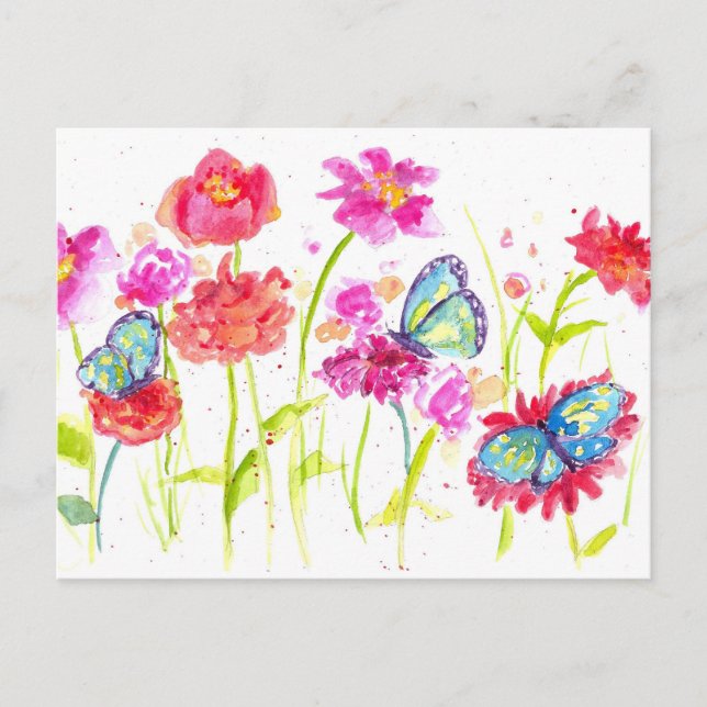 Schmetterlinge Rosa Aquarellfarben Wildblumen Postkarte (Vorderseite)