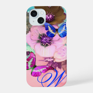 SCHMETTERLINGE, ROSA BLAUE ROSEN UND ANEMONENBLÜTE iPhone 15 HÜLLE