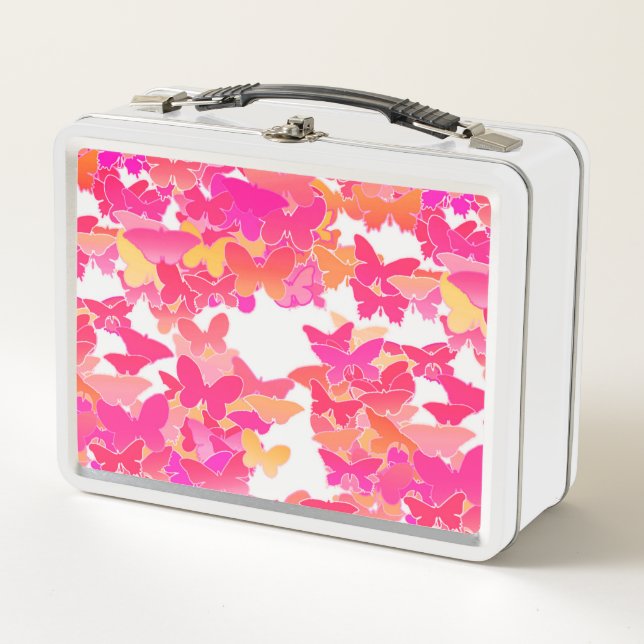 Schmetterlinge, rosa, fuchsisch und korallenfarben metall lunch box (Vorderseite)