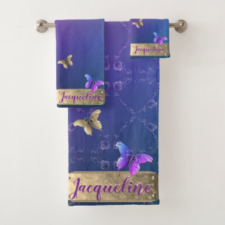 Schmetterlinge, Rose Herz glänzend blaues Handtuch Badhandtuch Set