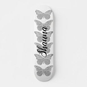 Schmetterlinge Silber Grau Glanz Personalisiert Skateboard