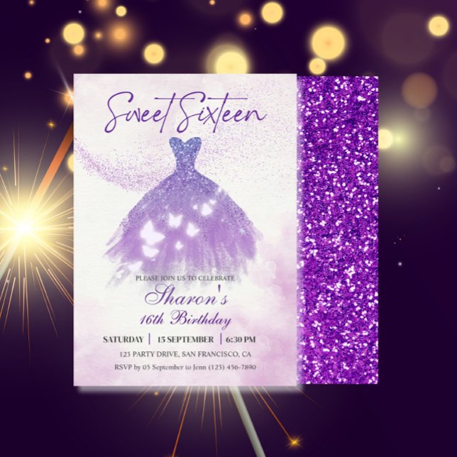 Schmetterlinge Tanz Glitzer Lila Kleid Süß 16 Einladung (Sweet Sixteen Butterflies Dress Party Invitation)