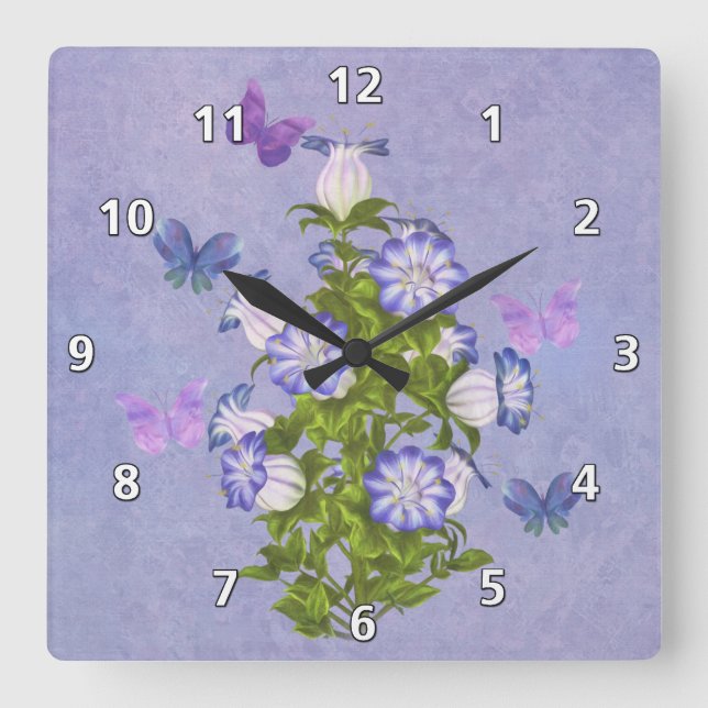 Schmetterlinge und Bell-Blumen Quadratische Wanduhr (Vorderseite)