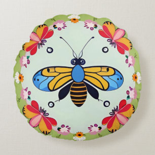 Schmetterlinge und Bienen mit Blumen verziert Rundes Kissen