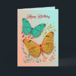 Schmetterlinge und Blätter Geburtstagskarte Karte<br><div class="desc">Zwei schöne handgezogene Schmetterlinge und Pflanze auf einem blassen pfirsichfarbenen und jadenförmigen Hintergrund. Innen links und rechts hat Rahmen und Pflanze. Geburtsmeldung angegeben. Diese Karte eignet sich hervorragend für Freunde, Mitarbeiter oder alle, die zum Geburtstag gewollt sind. Bilder und Text sind anpassbar. Fühlen Sie sich frei, um mit Ihrem eigenen...</div>
