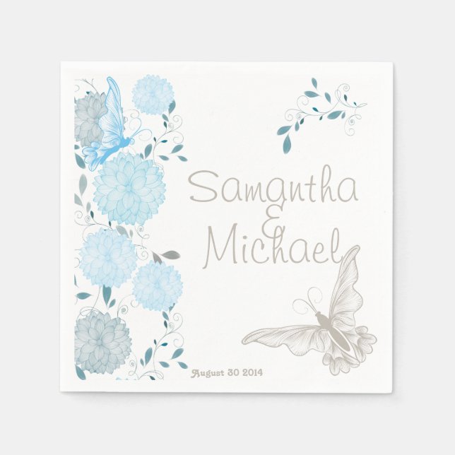 Schmetterlinge und blaue Chrysanthemen Serviette (Vorderseite)
