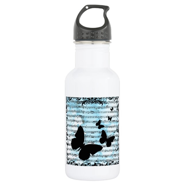 Schmetterlinge und blaue Notizen Edelstahlflasche (Vorderseite)