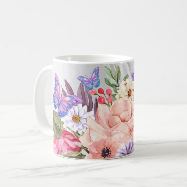 Schmetterlinge und Blume Aquarelldruck Kaffeetasse (Vorderseite Links)