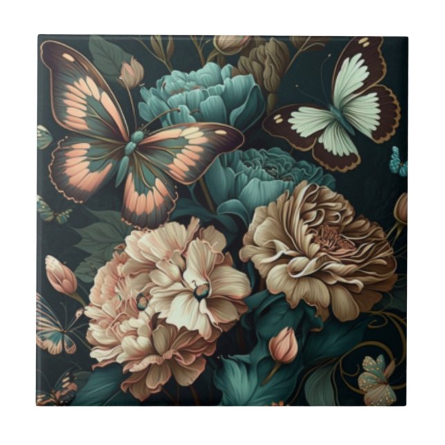 Schmetterlinge und Blume dunkles klassisches Desig Fliese (Vorderseite)