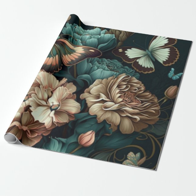 Schmetterlinge und Blume dunkles klassisches Desig Geschenkpapier (Ungerollt)